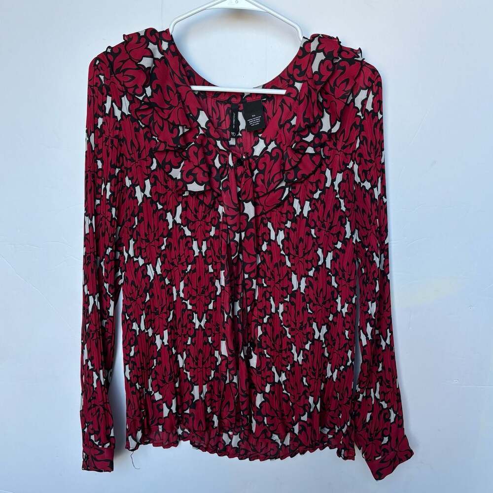 New Directions Women's XL Red Black White Floral Pleated Ruffle Blouse
